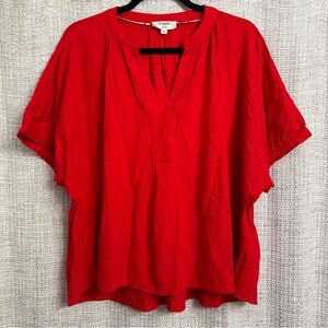 Umgee Linen Blend Oversized V-Neck Short Sleeve Flowy Top Red Small Boho Coastal